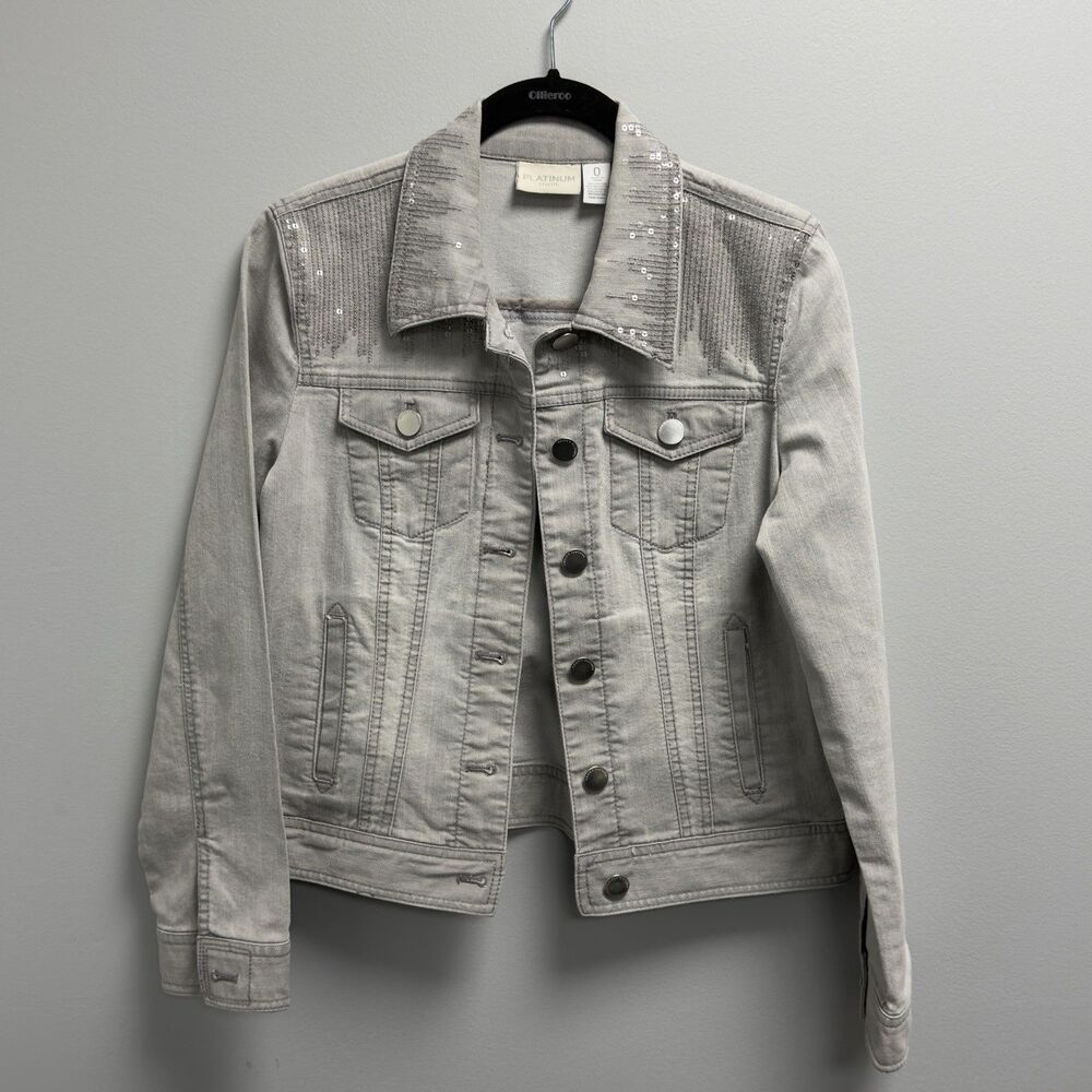 Chico’s Platinum Denim Jacket Womens 0 Gray Sequin Stretch Jean